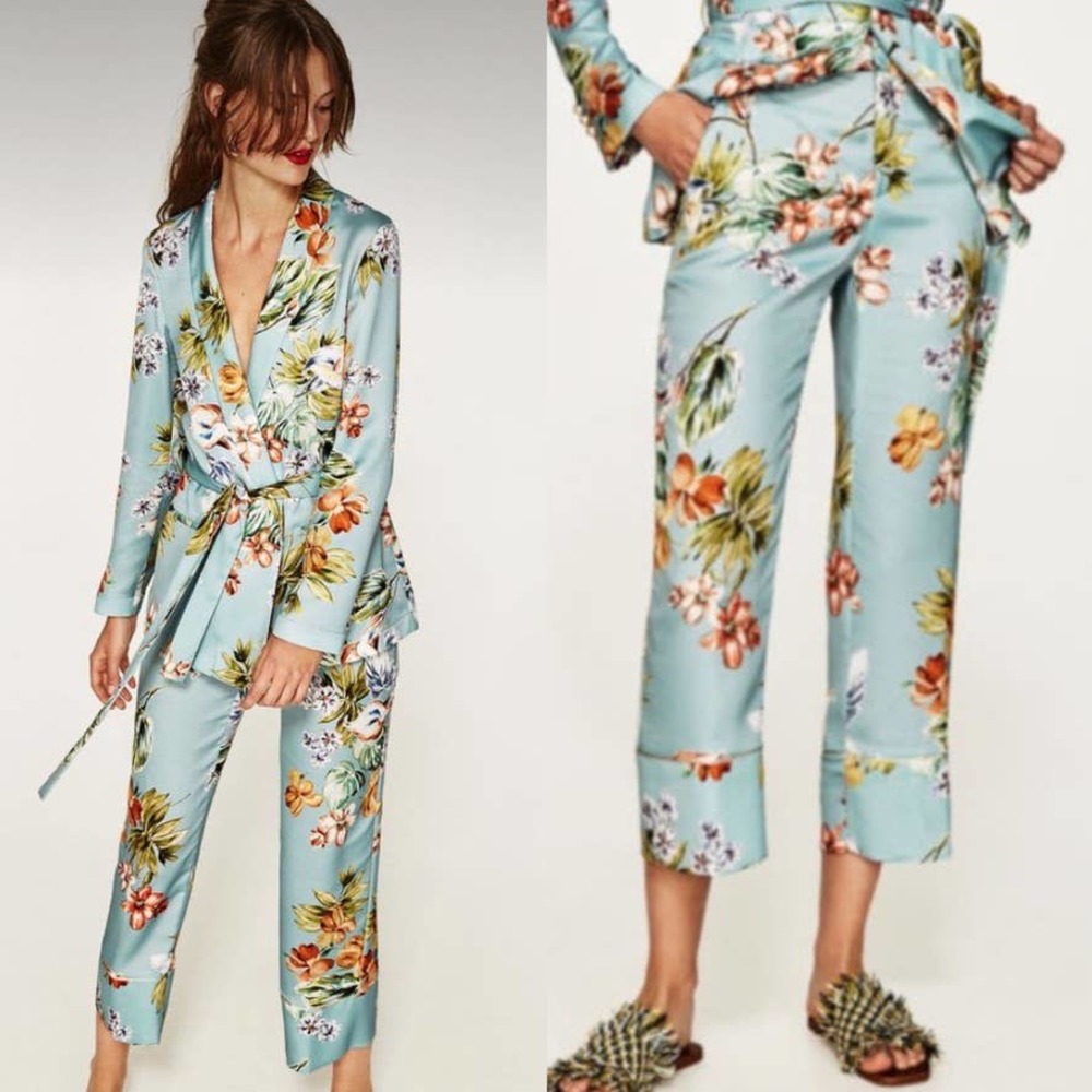 Zara Sky Blue Floral Satin Pajama Pants